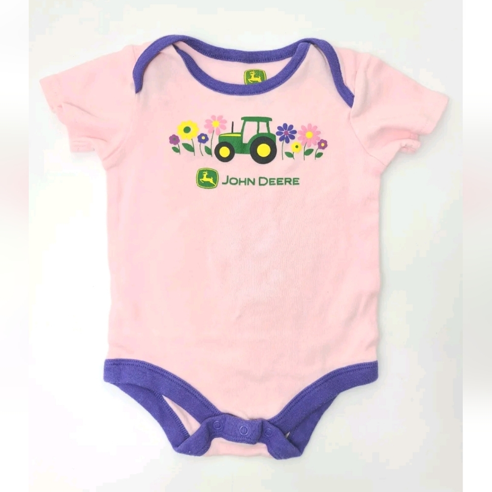 John Deere Baby Girl Size 12 Mo. Infant Bodysuit 1 Piece Tractor Design Pink
